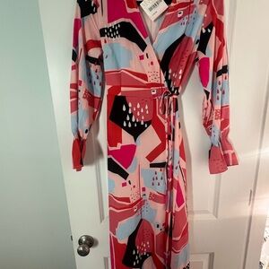 Sunday Pink and Black Wrap Dress with Notched Collar